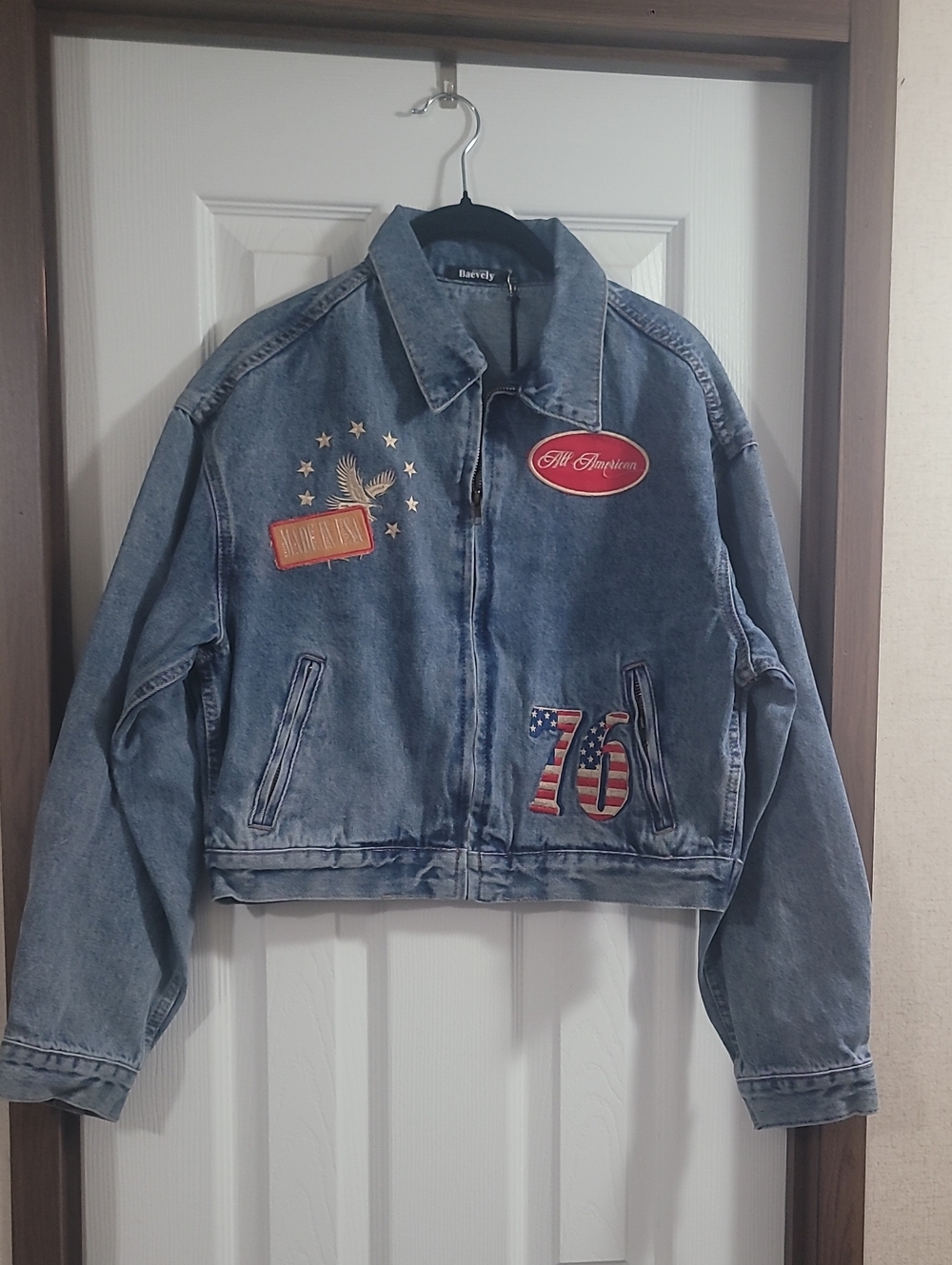 All American Vintage-Inspired Blue Denim Jacket with Patriotic Patches